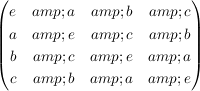 $ \pmat{e &amp; a &amp; b &amp; c \\ a &amp; e &amp; c &amp; b \\ b &amp; c &amp; e &amp; a \\ c &amp; b &amp; a &amp; e} $